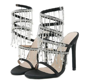 Women Fashion Open Toe Bling Tassel High Heel Sandals