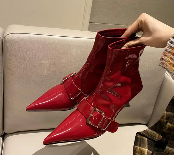 Women Fashion Pointed Toe Buckled Patent Leather Ankle Boots