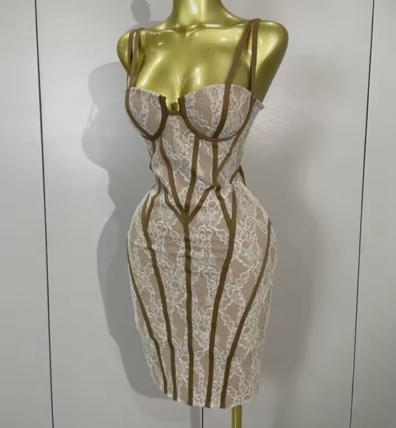Women Sexy Sleeveless Striped Lace Dress