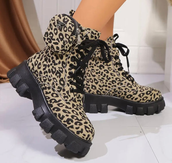 Women Fashion Leopard Print Lace Up Pocket Ankle Boots