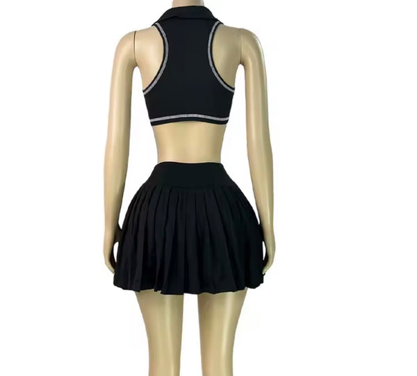Women Striped Collar Sleeveless Crop Two Piece Pleated Skirt Set