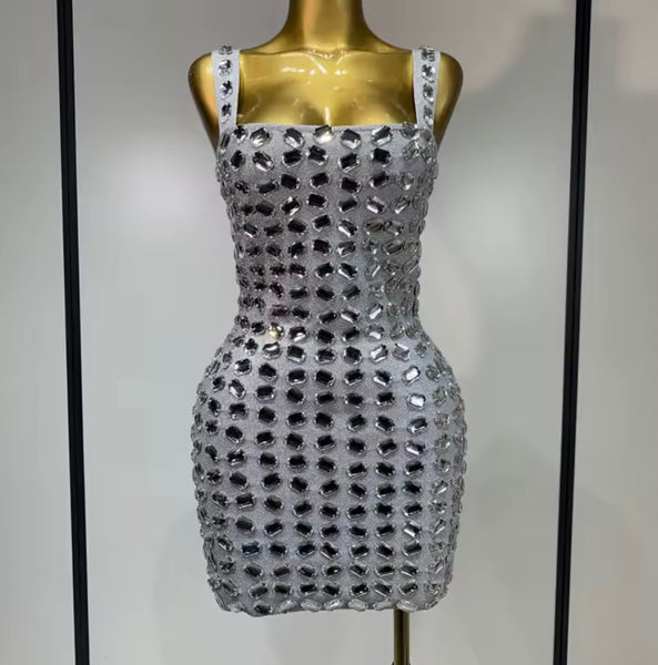 Women Sexy Sleeveless Silver Crystal Dress