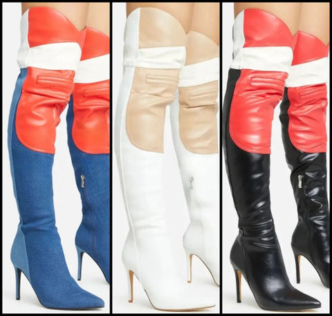 Women Pointed Toe Color Patchwork Over The Knee High Heel Boots