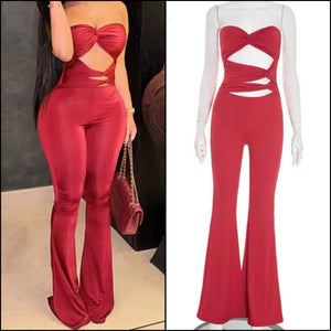Women Red Sexy Strapless Cut Out Jumpsuit