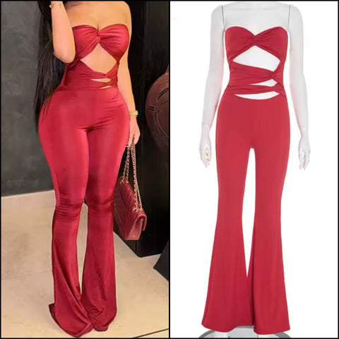 Women Red Sexy Strapless Cut Out Jumpsuit
