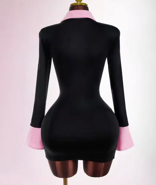 Women Sexy Color Patchwork Button Up Collar Full Sleeve Dress