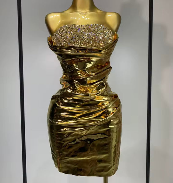 Women Sexy Strapless Gold Metallic Bling Ruched Dress