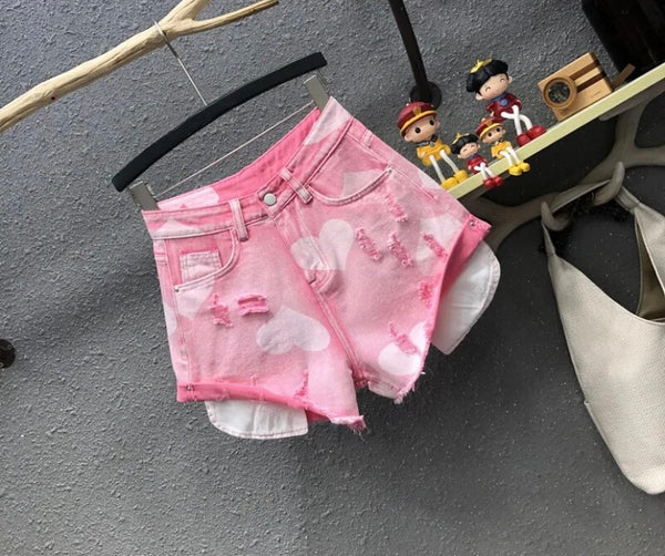 Women Fashion Ripped Heart Print Denim Shorts