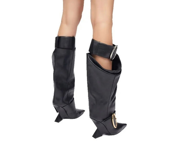 Women Pointed Toe Buckled Platform Wedge Faux Leather Boots