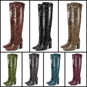 Women Color Faux Leather Square Toe Fashion Knee High Boots