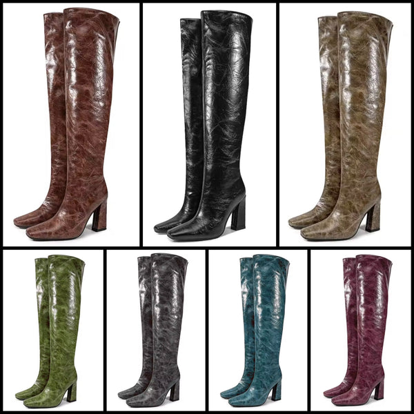 Women Color Faux Leather Square Toe Fashion Knee High Boots