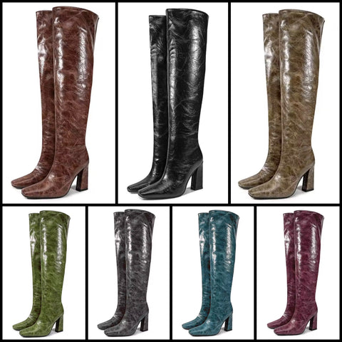 Women Color Faux Leather Square Toe Fashion Knee High Boots