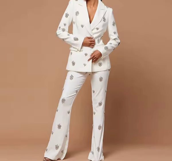 Women Rhinestone Full Sleeve Blazer Two Piece Fashion Pant Set