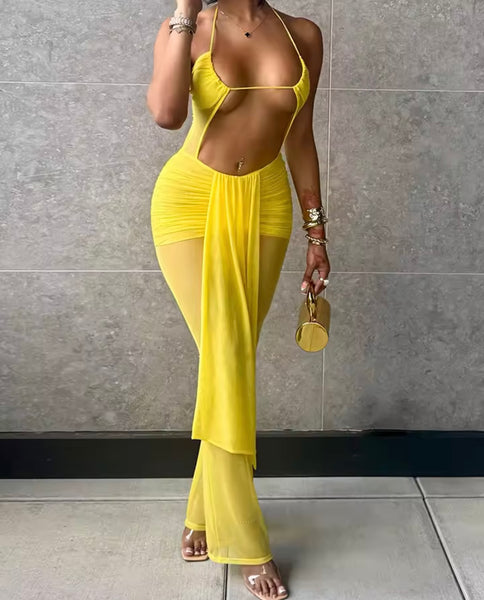 Women Sexy Halter Sleeveless Cut Out Mesh Jumpsuit