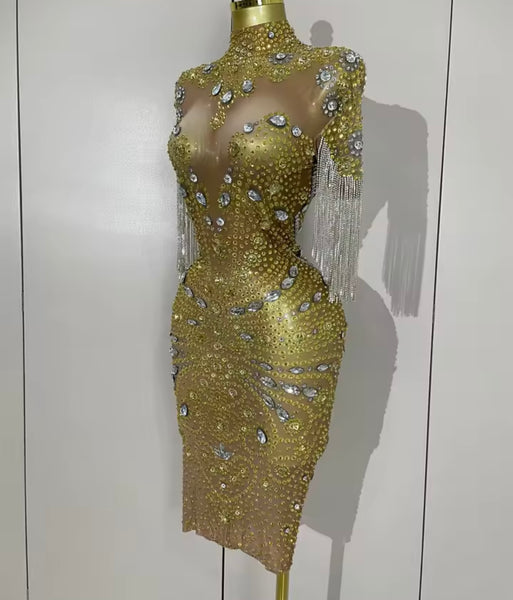 Women Sexy Short Sleeve Rhinestone Tassel Mesh Dress