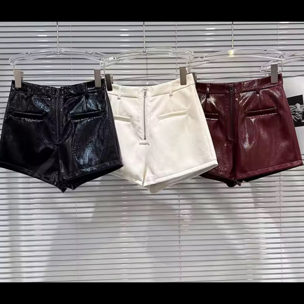 Women Fashion Zip Up High Waist Faux Leather Shorts