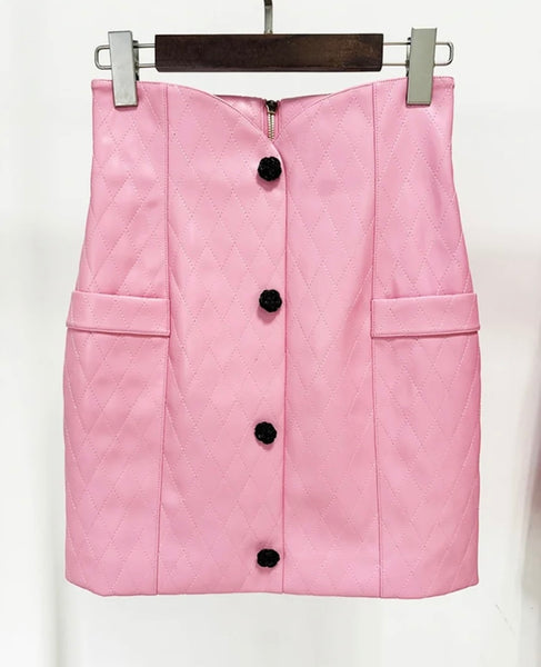 Women Pink Faux Leather Button Up Two Piece Fashion Skirt Set