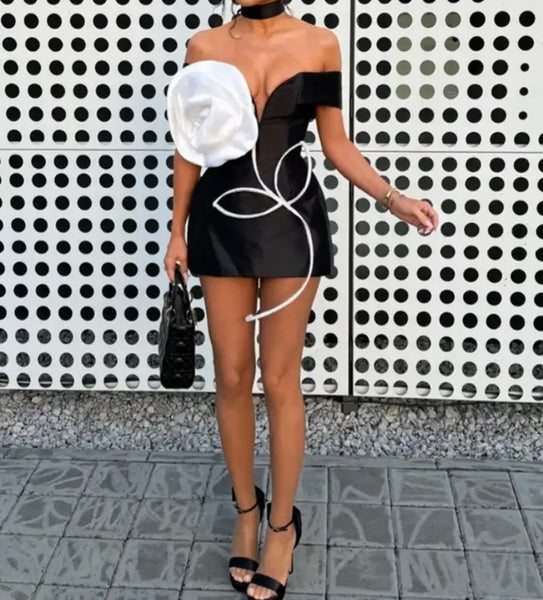 Women Sexy Black Off The Shoulder 3D Floral Print Dress