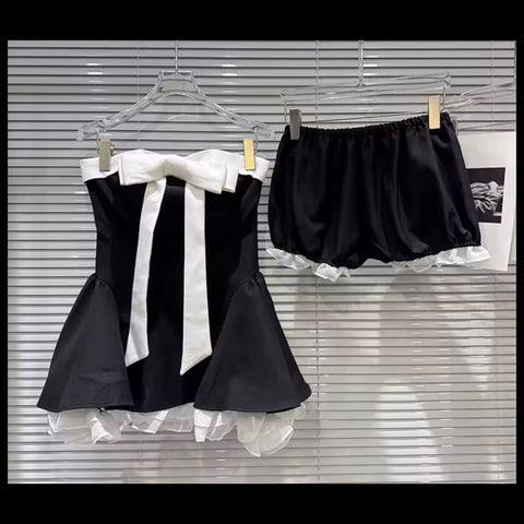 Women Sexy B&W Strapless Bow Ruffled Two Piece Short Set