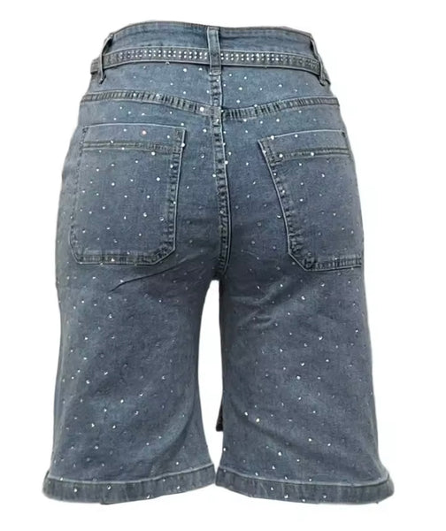 Women Fashion Faux Leather Halter Two Piece Bling Denim Short Set