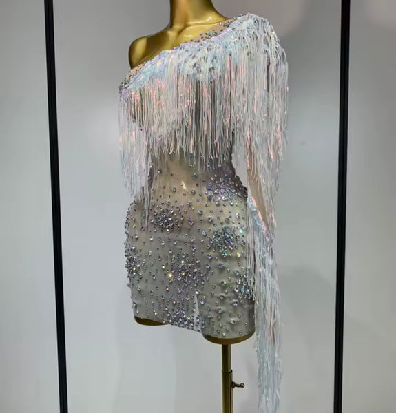 Women Sexy One Shoulder Silver Fringe Tassel Rhinestone Dress