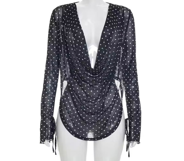 Women Sexy B&W Polka Dot Full Sleeve Mesh Two Piece Pant Set