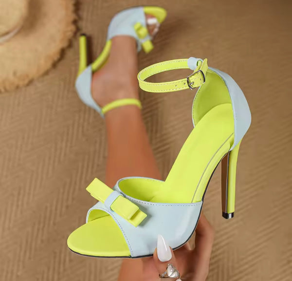 Women Bow Open Toe Color Patchwork Ankle Strap High Heels