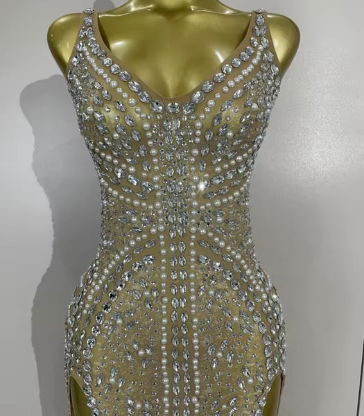 Women Sexy Sleeveless Mesh Rhinestone Maxi Dress