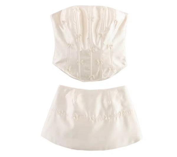 Women Sexy Strapless Bow Corset Two Piece Skirt Set