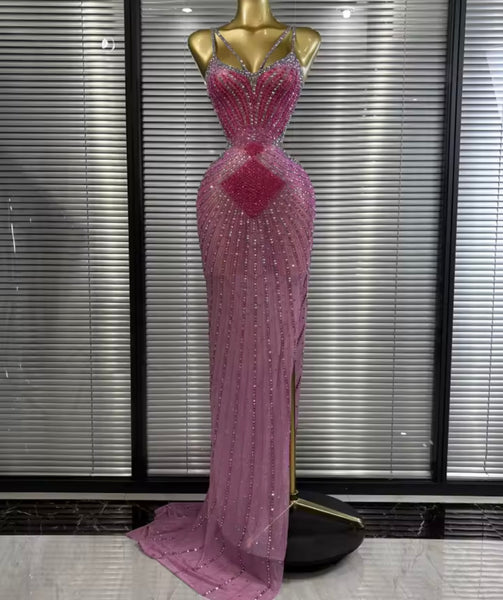 Women Pink Sexy Sleeveless Open Back Rhinestone Maxi Dress