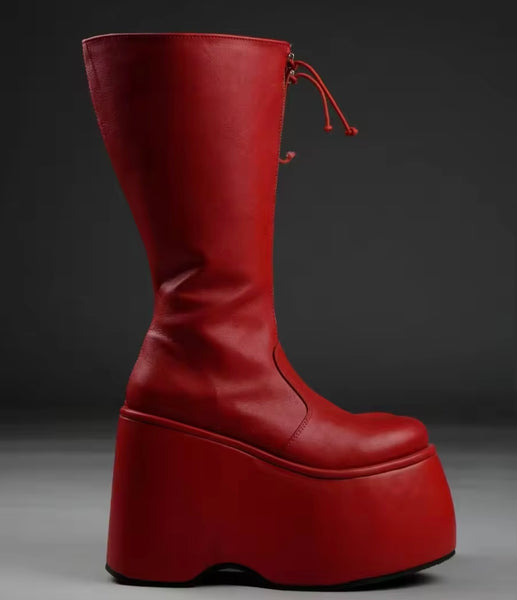 Women Color Fashion Front Zipper Platform Faux Leather Boots