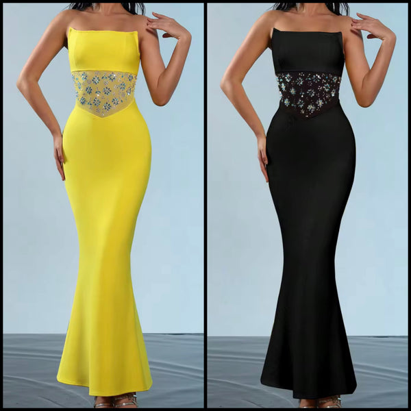 Women Sexy Strapless Rhinestone Mesh Patchwork Maxi Dress