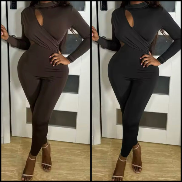 Women Sexy Solid Color Cut Out Full Sleeve Jumpsuit