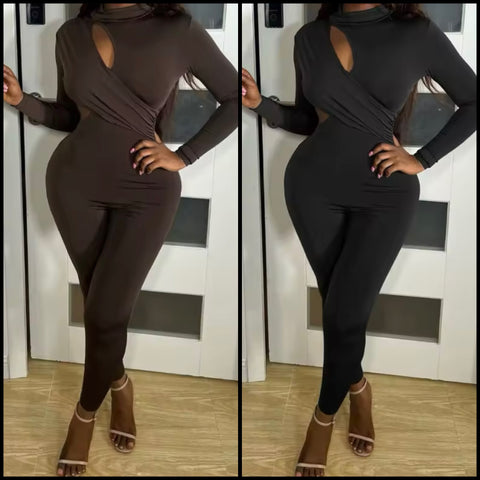 Women Sexy Solid Color Cut Out Full Sleeve Jumpsuit