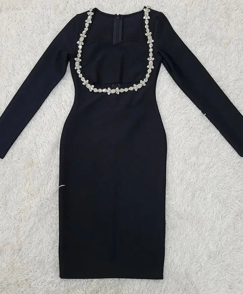 Women Black Sexy Rhinestone Full Sleeve Dress