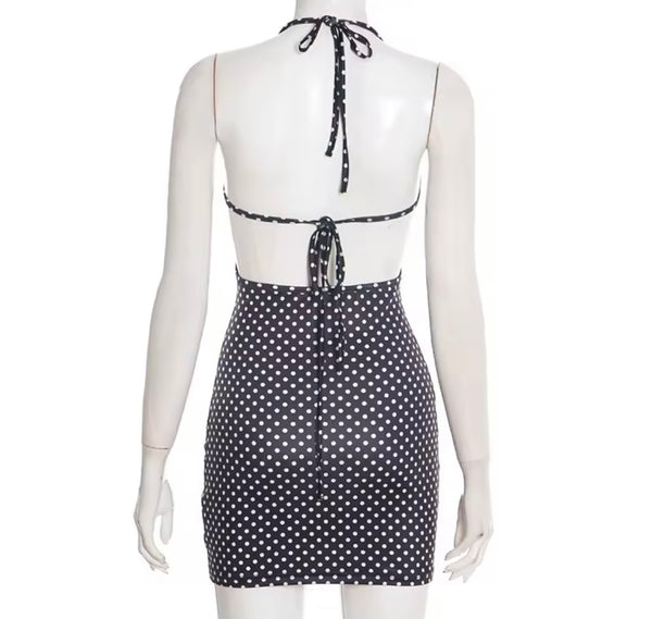 Women Sexy Halter Open Back Polka Dot B&W Dress