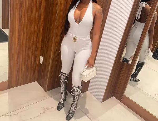 Women Halter Sleeveless Metal Sexy Capri Jumpsuit