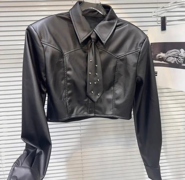 Women Fashion Bling Tie Full Sleeve Faux Leather Crop Top