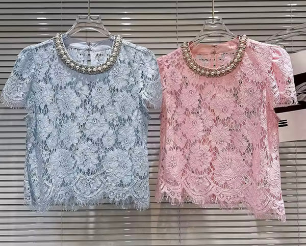 Women Fashion Pearl Rhinestone Lace Short Sleeve Top