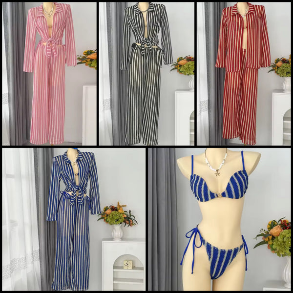 Women Sexy Color Striped Bikini Cover Up Set