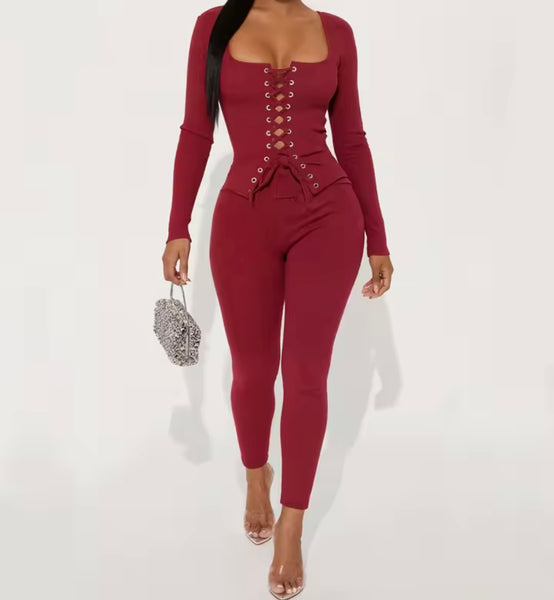 Women Fashion Lace Up Corset Full Sleeve Two Piece Pant Set