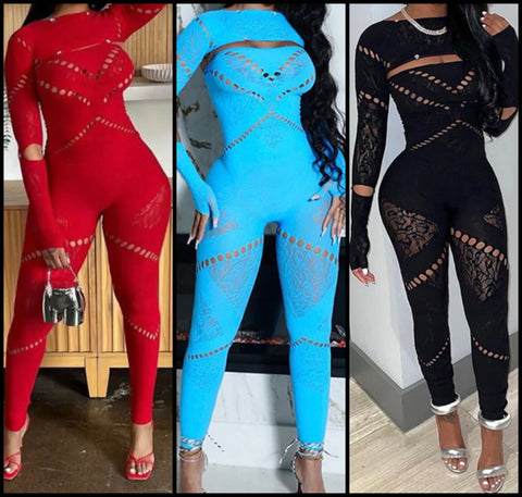 Women Sexy Solid Color Hollow Out Full Sleeve Jumpsuit