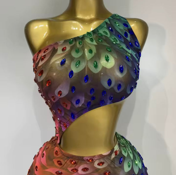 Women Colorful One Shoulder Sleeveless Rhinestone Dress