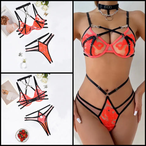 Women Sexy Choker Chain Color Patchwork Lace Lingerie Set