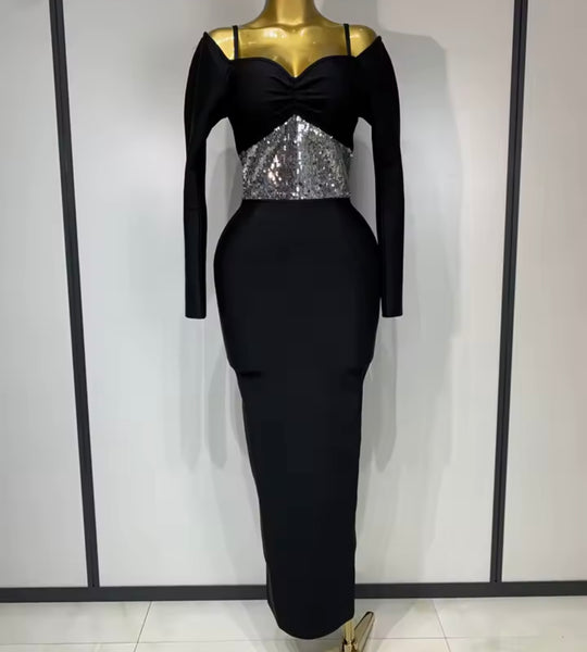 Women Sexy Black Sequins Patchwork Full Sleeve Maxi Dress