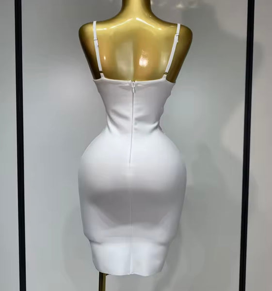 Women Sexy Sleeveless White Rhinestone Bandage Dress