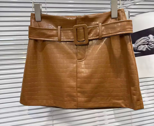Women Sexy Fashion Color Faux Leather Belted Skirt