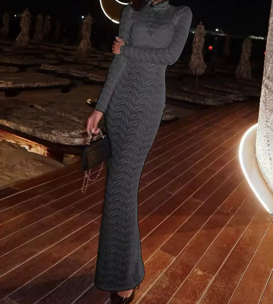 Women Sexy Solid Color Printed Full Sleeve Maxi Dress