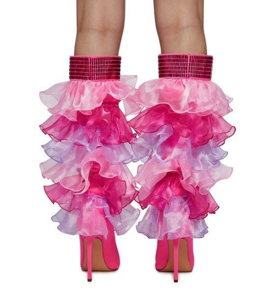 Women Pointed Toe Ruffled Mesh Sequins Knee High Boots