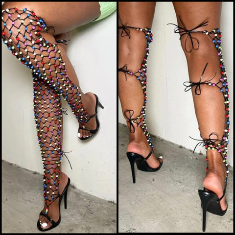 Women Fashion Multicolored Netted Lace Up High Heel Sandals